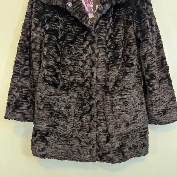 Eliza J Faux Fur Coat Womens Medium Black Teddy Snap Cozy Winter Floral Lined